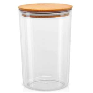 FRASCO VIDRIO CON TAPA BAMBÚ 15X8CM